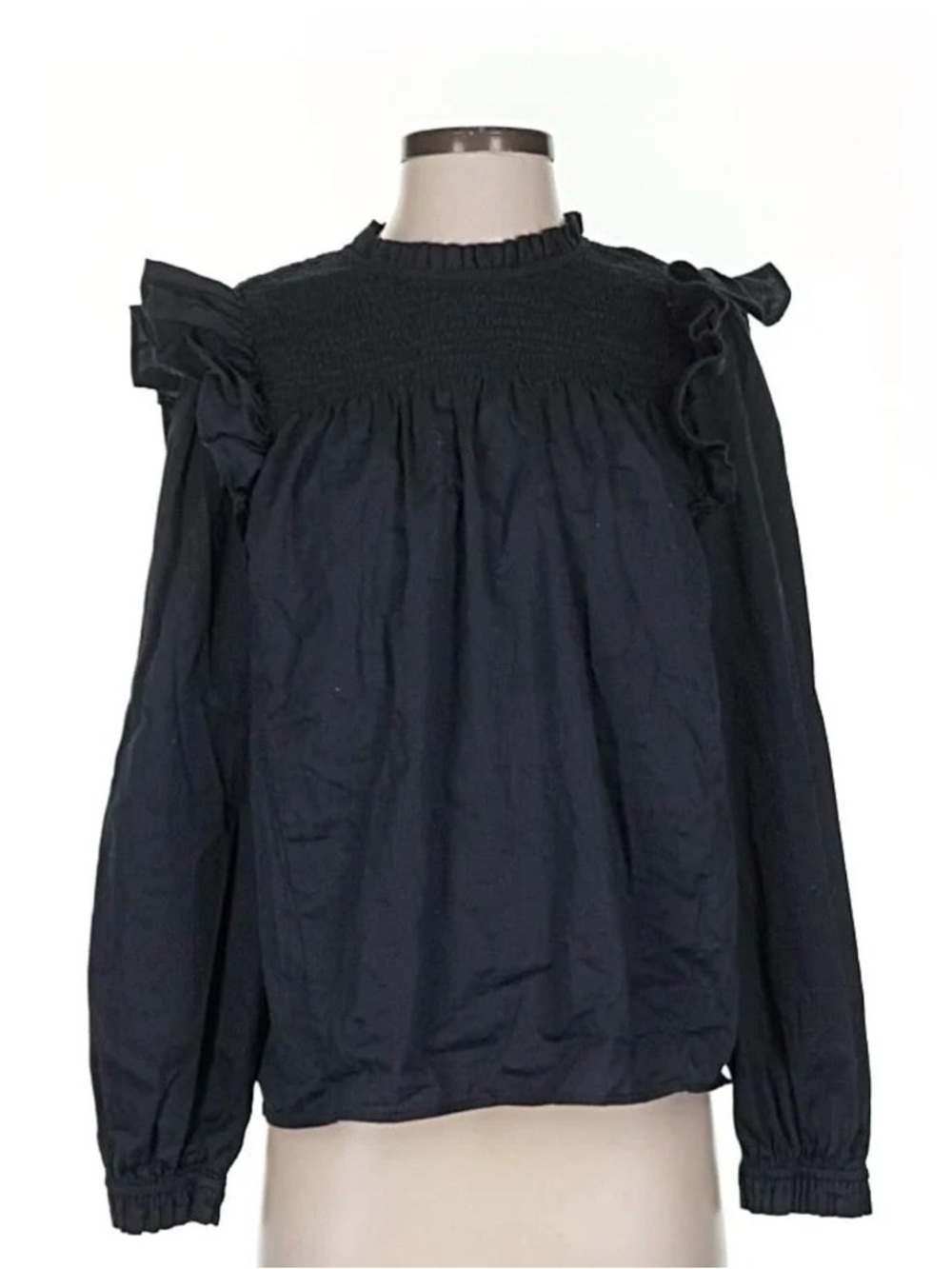 GAP Black Ruffle Smocked Yoke Long-Sleeve Blouse Shirt Size L